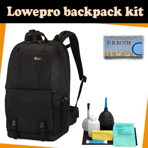 LowePro Backpack kit which includes the Lowepro Fastpack 350 (Black) + Camera lens Cleaning kit + DB ROTH Micro Fiber Cloth.