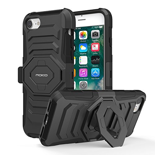 iPhone 7 Case - MoKo Shock Absorption Scratchproof Full Body Rugged Cover Holster Belt Clip Kickstand Protective Case for Apple iPhone 7 (2016), BLACK