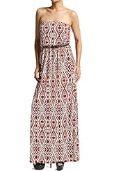 Strapless Elasticized   Waistline General Print Bandeau Neck Leather/Rayon Belted Maxi Dress 