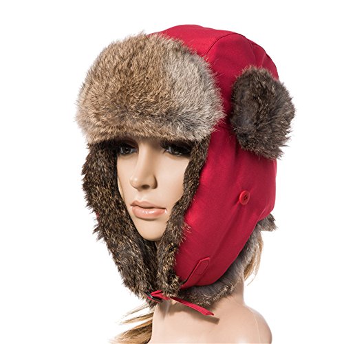 SIGGI 100% Rabbit Fur Trapper Hat Winter Hunting Trooper Hat for Women Red