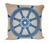 Room Service Nautical Collection Nautical Boat Wheel Pillow, 18-inch x 18-inch, Oatmeal Linen/Yellow/Blue