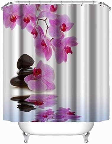 Cheap Bath Curtain Pink Flowers Stone on in the Water Pattern Printed Size 180cmx200cm 100% Waterproof & Mouldproof Polyester Shower Curtain