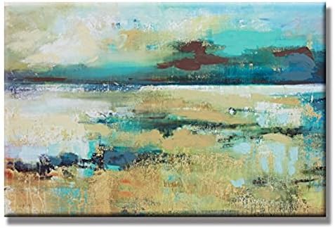 WALL ARTS Hand Painted Oil Painting Landscape Abstract Blue Lake with Stretched Frame 24x 36 Inch For Room