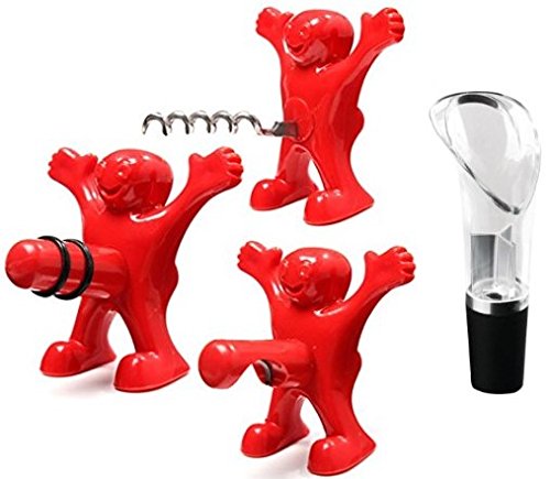 Happy Perky Man Wine Corkscrew, Wine Bottle Stopper, Beer bottle opener, plus a Wine Aerator Funny Novelty gag gift set (set of 4)