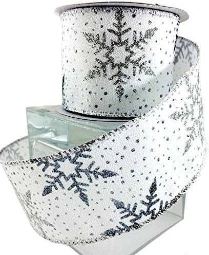 Holiday Ribbon 2.5 Inches 10 Yards Wired White, Silver Snowflake