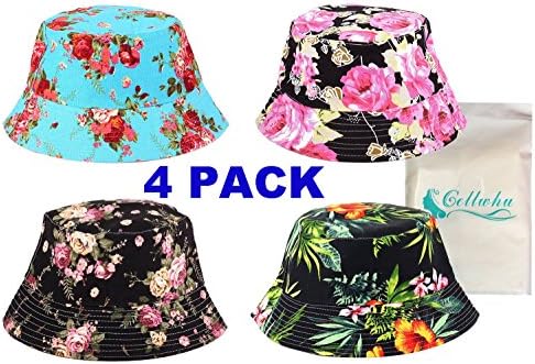 Gellwhu 4pcs Unisex Adult Polyester Lined Printed Pattern Canvas Bucket Hat Cap (A set)