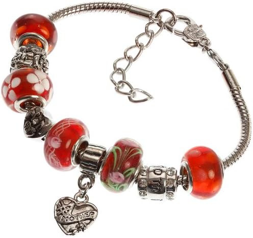 Mother's Charm Bracelet with Removable Pandora Compatible Italian Murano Glass Beads for Moms in Red, 7" + 1" Extender