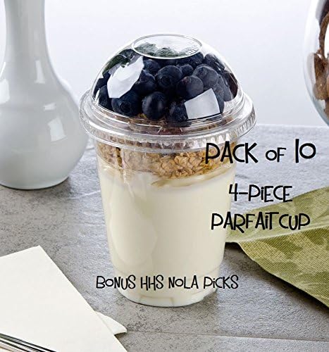 Parfait Cup, PACK of 10 Super Sips Clear Plastic 12 oz Cup, Insert, Flat Lid and Dome Lid w/ FDL Party Picks