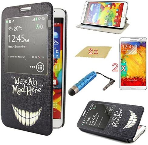 KooJoee(TM) Slim Flip Cover Folio PU Leather Case with View Window for Samsung Galaxy Note 3 Note III N9000 + One KooJoee Stylus + Two Screen Protectors + Two Microfiber Cloth (Crazy Hoax Mad Smile)