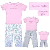 Awesome Mom Pink Cotton Apparel Set With Peace Sign Pants; also Available with Coordinating Awesome Girl Grey Pant Playwear Outfits for Daughters, Girls, Kids, and Infants