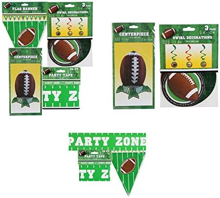 Football Party Decor - Football Centerpiece, 25 Ft. Party Tape, Flag Banner and 3-Pack Swirl Decorations