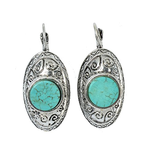 Tagoo Vintage Silver Alloy Round Inlaid Turquoise Drop Earrings