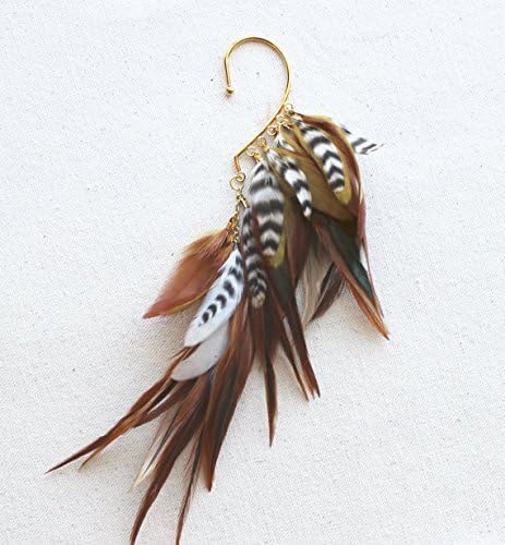 Natural Brown &amp; Gold Feather Ear Wrap