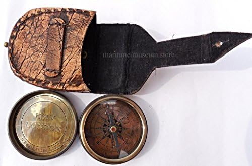 Antiques Nautical Collect able Brass Pocket Compass with Leather case..C-3038