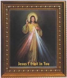 Divine Mercy in Wood Frame with Golden Trim, 11.25" x 13.25" - MADE IN ITALY