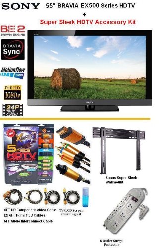Brand New Sony Bravia KDL-55EX500 Series HDTV 1080p LCD HDTV With The Super Sleek HDTV Accessory Kit Includes Super Slim Flat Wall Mount + (2) 6FT Hdmi 1.3B Cables, 6FT Audio Interconnect Cable Screen Cleaner + Surge Protector