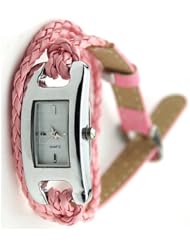 Fashion Womens Quartz Square Dial Weave Wrap Fuax Leather Bracelet Watch Pink