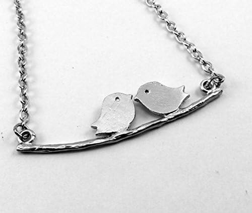 Two Love Birds on Tree Branch Silver Necklace