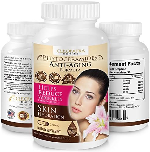 Phytoceramides The Best Anti Aging Plant Derived Capsules 350 mg All Natural Skin Care Supplements For Men And Women Gluten Free Vegan GMO Free Pills Anti Wrinkle Helps Enhance Creams and Serums Improve Skin Structure Increase Hydration and Elasticity Reduce Fine Lines and Dark Spots 100% Money Back Guarantee From Cleopatra Beauty Care