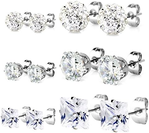 6 Pairs Stainless Steel Stud Earrings Round Square White Cubic Zirconia Rhinestone Pave Disco Ball Hypoallergenic, 5mm 7mm