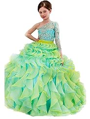 Girls  Organza Floor Length  Lace Long Sleeves One Shoulder  Ball Gown Pageant Dress/Party Dress  With Ruffles