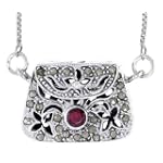 Sterling Silver Marcasite Natural Garnet Filigree Purse Locket / Prayer Box