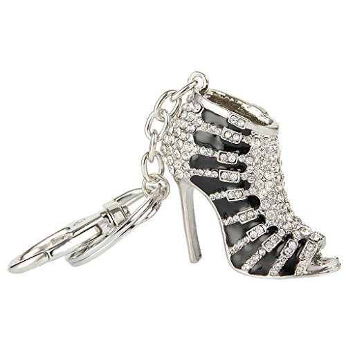 EVER FAITH® Silver-Tone Sexy High Heel Austrian Crystal Black Enamel Keychain