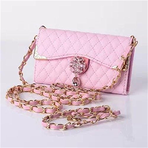 (Case for Iphone 5/5S) Bon Venu Luxury Girl loving fashion bling flower pu leather with Chain handbag cover wallet case For iPhone 5 5s+ Shoulder Chain Luxury case wallet + Free Screen Protector (Pink)