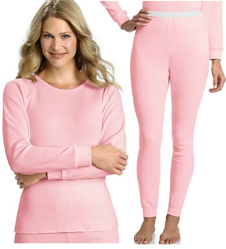 Hanes Everyday Womens Thermal Set (Long Sleeve Crew and Long Johns) - Pink - Medium