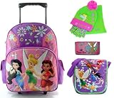 Tinkerbell Back To School Bundle , 18 Inch Rolling Backpack, 8 Inch Lunch Box, 8 Inch Wallet and Beanie / Glove Set