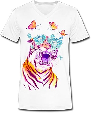 V Neck Male Tiger With Butterfly Tiger With Butterfly Graphic Design Colleges Tshirt