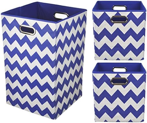 Modern Littles 3 Piece Folding Storage Set: 1 Laundry Hamper and 2 Storage Bins - Blue Chevron