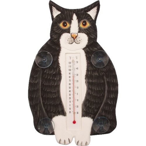 Handcrafted Cat Outdoor Thermometer – Black & White Fat Cat
