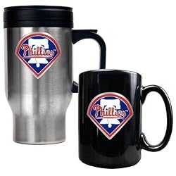 Philadelphia Phillies MLB Stainless Steel Travel Mug & Black Ceramic Mug Set - Primary Logo by Great American Products