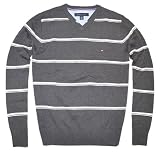 Tommy Hilfiger Mens Long Sleeve Striped V-Neck Pullover Sweater - XXL - Dark Grey/White