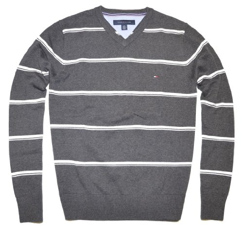 Tommy Hilfiger Mens Long Sleeve Striped V-Neck Pullover Sweater - XXL - Dark Grey/White