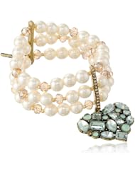 Betsey Johnson "Mint Multi" Crystal Gem Cluster Heart 3 Row Faux Pearl Stretch Bracelet, 7.5"