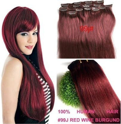 22inches 57cm Premium CLIP IN REMY REAL 100% HUMAN HAIR EXTENSIONS 7PCS 99J Deep Red wine FULL HEAD