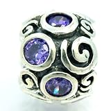 .925 Sterling Silver " Swirls Bead w/ Purple Cubic Zirconia " Bead Compatible with Pandora Chamilia Kay Troll Bracelet