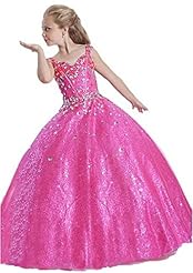 Girls Lace Applique Crystal Floor Length Scoop Neck Organza Flower-Girl Dress/Pageant Dress 