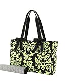 Quilted Damask Black and Lime Medium Diaper Tote with Matching Changing Mat