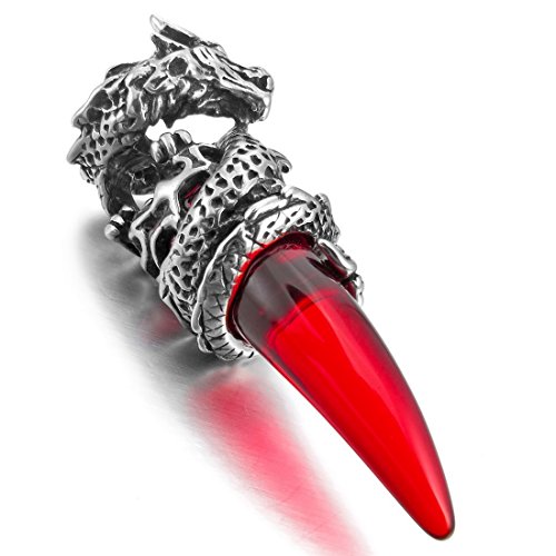 Men's Stainless Steel Pendant Necklace Crystal Silver Red Dragon Wolf Tooth Tribal -with 23 inch Chain