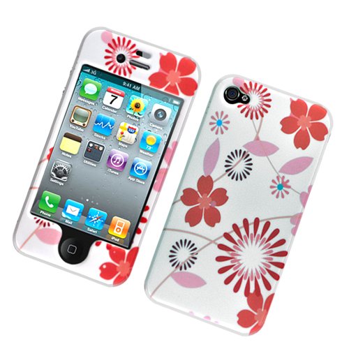 Photo White with Pink and Red Flowers Rubber Texture Apple Iphone 4 Gen / 4th Generation / 4G Snap on Design Cell Phone Case + Microfiber Bag