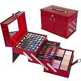 Ivation All-In-One Makeup Kit in Highly Fashionable Red Leather-look Train Case - Contains Vast Collection of Eyeshadow, Blushes, Powder, Eyeliner, Lip Gloss & More