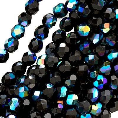 Czech Fire Polish Glass Beads 6mm Round Jet Black AB (25)