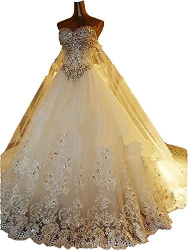 EnjoyBuys Luxury Beads Crystals Wedding Dress Long Train Applique Bridal Gowns (US 8, White)