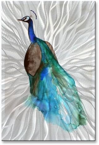 Metal Wall Sculpture Holographic Effect Bird Silver Blue 'Peacock'