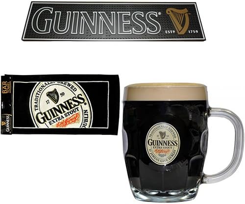 Guinness Barware Pack - PVC Bar Mat, English Label Bar Towel &amp; Guinness Hobnail Label Tankard