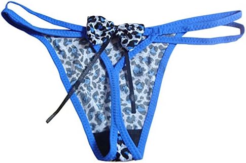 Dong Dian Women's Leopard Bowknot Exotic G-String Hollow Out Thongs Blue