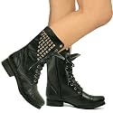 New Womens Tall Military Army Lace Up Studded Flat Ankle Boots